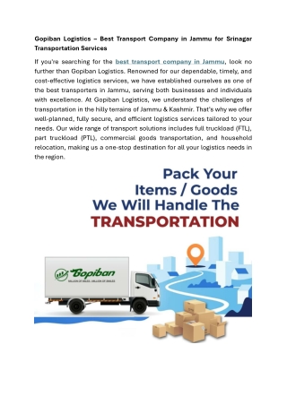 Gopiban Logistics – Best Transport Company in Jammu for Srinagar Transportation Services