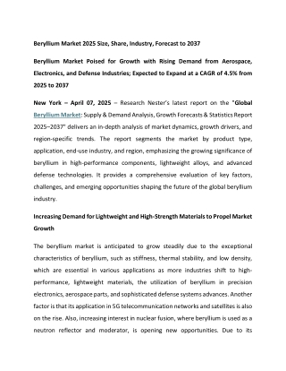 Beryllium Market 2025 Size, Share, Industry, Forecast to 2037