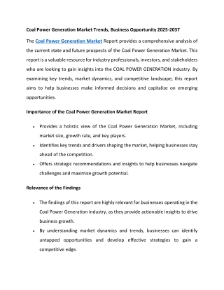 Coal Power Generation Market Trends, Business Opportunity 2025-2037